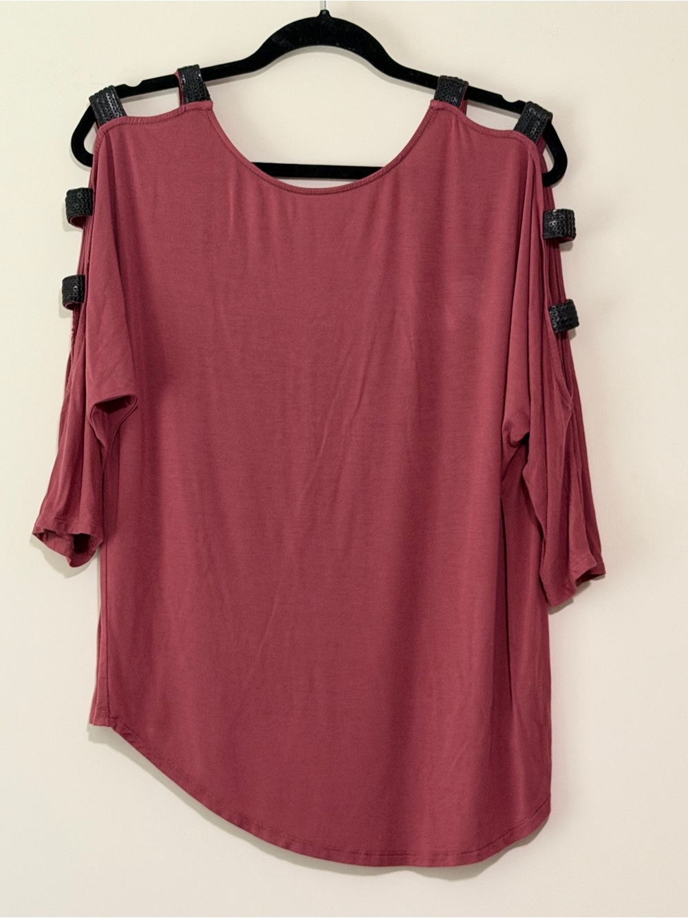 BKE Women’s Cold-Shoulder Top with Black Sequin Decorative Straps - Dark Rose